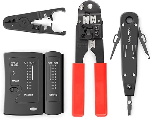 deleyCON Netzwerk Werkzeug Set 4-teilig mit Tasche LSA Auflegewerkzeug Abisolierzange Kabeltester Crimpzange für IT Computer Netzwerk LAN CAT Werkzeug RJ11 RJ12 RJ45 Schwarz Rot - Cheap-Us