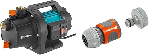 Gardena Gartenpumpe 3000/4 Basic & Pumpen-Anschlusssatz: Schlauchkupplung zum schnellen Anschluss von 13 mm (1/2 Zoll)-Schläuchen an Pumpen mit 33,3 mm (G 1 Zoll)-Außengewinde (1750-20) - Cheap-Us