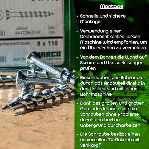 PARCO Porenbetonschrauben 8,0 x 110 mm, TX30, Senkkopf, 10 Stück - Spezialschrauben für Küchenbau (Dübellose Montage von Küchenschränken bei Porenbeton- & Leichtbeauwänden) - Cheap-Us