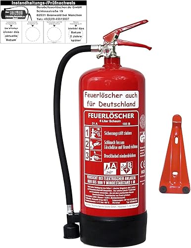 6 L Schaum Feuerlöscher Brandklasse AB DIN EN 3 + GS, Manometer, Wandhalter, Messingarmatur Sicherheitsventil, Standfuß, Schaumlöscher (Mit Prüfnachweis u. Jahresmarke) - Cheap-Us