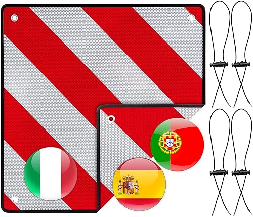 Warntafel Italien und Spanien 4 Spannseile 2in1 50 x 50 cm, Reflektierendes Aluminium Warnschild Rot Weiß für Heckträger, Fahrradträger, Anhänger, Wohnwagen, Auto, Wohnmobil, Urlaub, Abschleppen - Cheap-Us