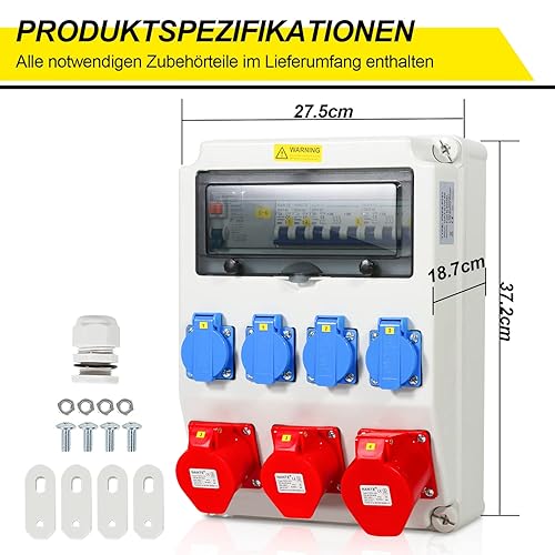 Cecaylie Baustromverteiler 2xCEE 400V/16A 5-polig, 1xCEE 400V/32A 5-polig, 4x230V(Schuko) 2-polig, Wandverteiler Für Baustelle, IP44 wasserdicht, mit FI-Schutzschalter - Cheap-Us