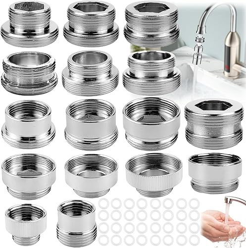 Liekadijiae 16 Stück Wasserhahnadapter, Wasserhahn Belüfter Anschluss, Metall Wasserhahn Gewindeadapter, Wasserhahn Adapter Set, Wasserhahn Gewindeadapter für Wasserfilter(mit 32 Spacern) - Cheap-Us