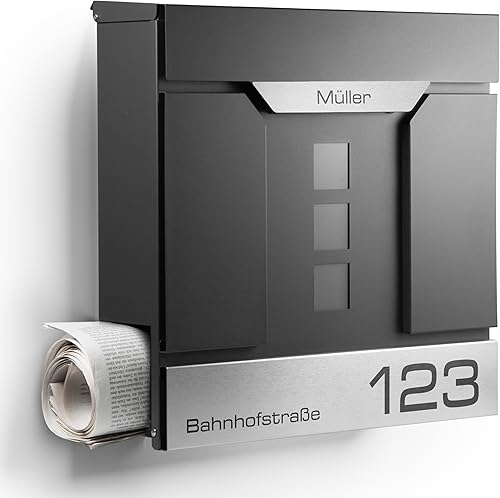 Moderner Briefkasten Personalisierbar Madrid Anthrazit RAL7016 - mit Zeitungsfach - Wandbriefkasten mit Edelstahl Namensschild und Hausnummer Gravur (Mit Gravur) - Cheap-Us