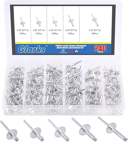 Glarks 240 Stück 3/16 Zoll x 3/8 Zoll / 1/2 Zoll / 5/8 Zoll / 3/4 Zoll / 1 Zoll große Flansch-Blindnieten 5 Größen Aluminium Popnieten Sortiment Set - Cheap-Us