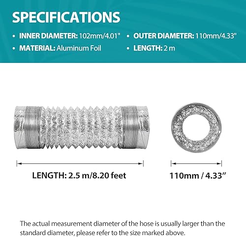 HG Power Aluflexrohr 100mm Flexible Luftleitungen Aus Aluminium Rohr Flexschlauch Luftkanal mit 2 Schlauchschellen (max. Länge 2 m) - Cheap-Us