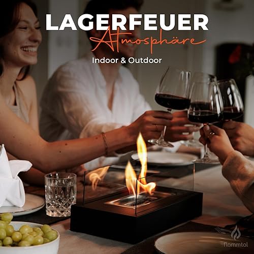 Der flammtal Bioethanol Tischkamin Square [Das Original] - Tischfeuer für Indoor & Outdoor [3h Brenndauer] - Verstellbare Flamme - Bio Ethanol Kamin mit Scheiben aus Sicherheitsglas [35x18x14,5cm] - Cheap-Us