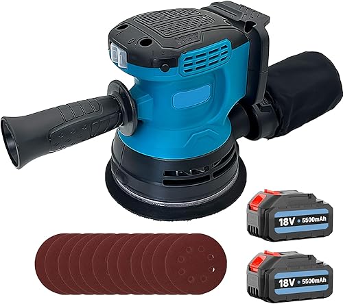 Bürstenloser Akku Exzenterschleifer, Ersetzen für Makita 18V Akku, mit 2 x 5.5AH Akku, 12 Schleifpapierblättern, 3 Leistungsstufe(7500-15000 U/min), Zum Schleifen und Polieren Von Metall/Holz - Cheap-Us