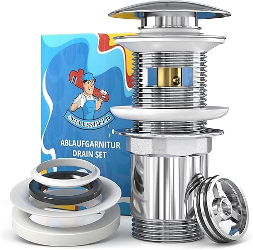 ABFLUSSHELD Ablaufgarnitur Waschbecken mit Überlauf - Hochwertiges Ablaufventil mit Haarsieb und Ersatzdichtungen - Langlebige Pop Up Ablaufgarnitur - Waschbeckenablauf mit Standardmaß - Cheap-Us