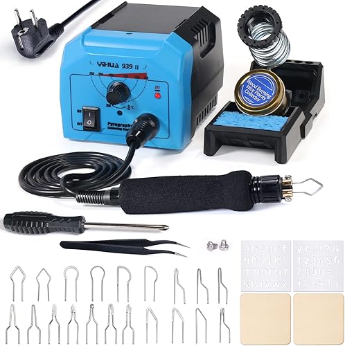 YIHUA 939-II Brandmalerei stift lötkolben set Holzgravur-Bastelset mit einstellbarer Temperatur Holzbrenner Stift, Softgrip-Holzverbrennungsstift, 20 Drahtfedern, 4 Holzstücke für Holz (EU Plug) - Cheap-Us