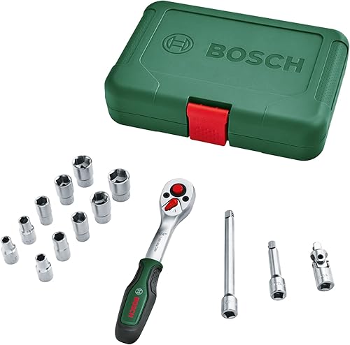 Bosch Ratschen / ¼'-Steckschlüsselsatz, 14-teilig (hochwertiger und vielseitiger Steckschlüsselsatz für zahlreiche Heimwerkeraufgaben; ergonomischer Griff mit Softgrip; magnetische Bit-Aufnahme) - Cheap-Us