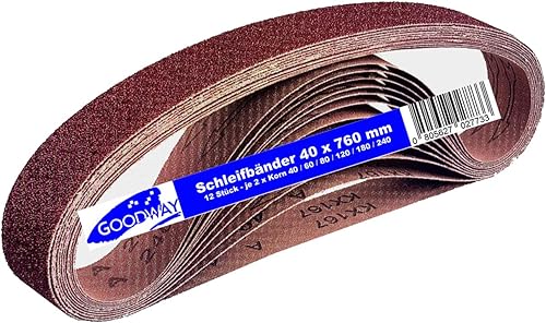 Gewebe-Schleifbänder │ 12 Stück │ 40 x 760 mm │ je 2 x Korn 40/60/80/120/180/240 │ kompatibel mit Bandfeilen │ Schleifpapier │ Schleifband-Mixpack - Cheap-Us