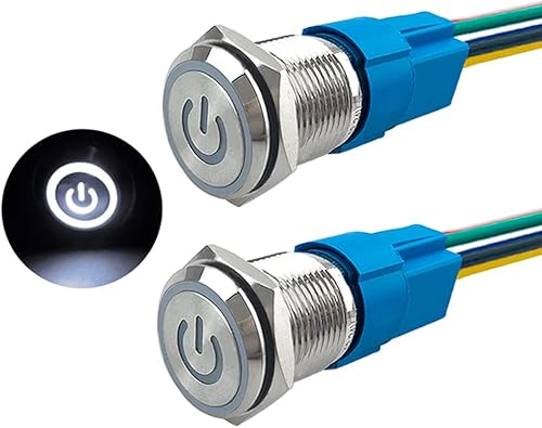 Aiqeer 2 Stück 16 mm Rastend Druckschalter, 12V / 24V 5A Auto Zündung Starter Schalter, IP67 Wasserdichter Edelstahl Druckschalter, mit Vorverdrahteter Steckdose (Weiß LED) - Cheap-Us