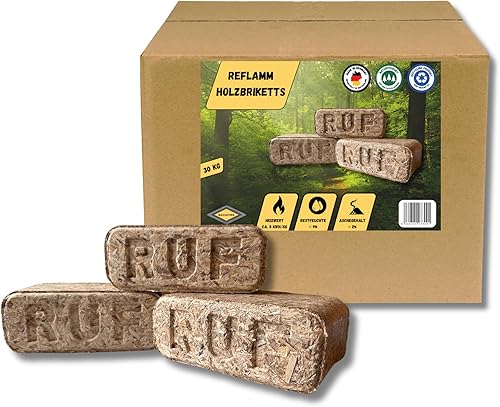 BAVAFIRE 30kg Reflamm Holzbriketts - Original RUF Briketts - 3x10 kg Gebinde - nachhaltiges und ressourcenschonendes Heizen in Kamin & Ofen - rein natürlich ohne Bindemittel - Cheap-Us