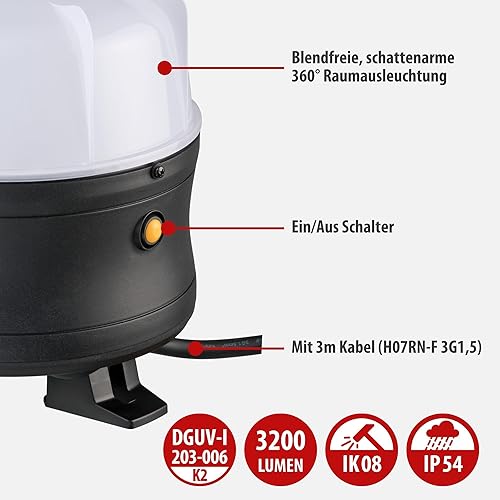 Brennenstuhl Mobiler 360° LED Strahler/Baustrahler 50W (Arbeitsleuchte, 5 m Kabel und spritzwassergeschützte Steckdose mit selbstschliessendem Deckel), Schwarz, 5400 lm - Cheap-Us