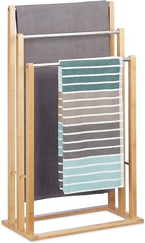 Relaxdays Handtuchhalter stehend mit 3 Handtuchstangen, Handtuchständer 3-armig für Bad, Bambus, H*L*W: natur, 84 x 48 x 26 cm - Cheap-Us