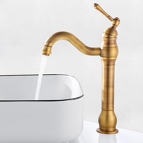 ROWINNAO Wasserhahn Bad Hoch Antikes Messing, Retro Gold Waschtischarmatur Hoch, 360° Schwenkbar Einhebel Mischbatterie Antik Badarmatur Waschbecken Badezimmer, Kaltes und Heißes Wasser Vorhanden - Cheap-Us