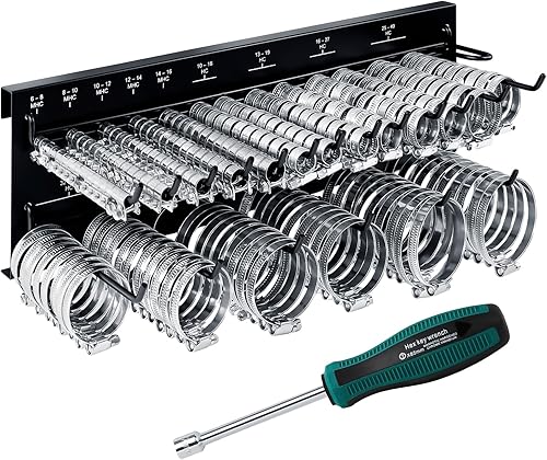 GRAFT Schlauchschellen Wandhalter Set | 227 Stück | Inklusive Halterung und Schraubendreher | Rohrschellen Set | Einstellbare Schlauchklemmen | Schlauchschelle Sortiment | Organizer Rack - Cheap-Us