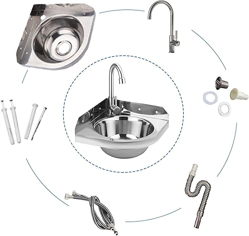 Edelstahl Waschbecken Eck-Spülbecken Eckwaschbecken Wandwaschbecken Dreieck-Waschbecken mit Einzelner Kaltwasserhahn für Wohnmobil, Boot, Badezimmer, Toilette - Cheap-Us