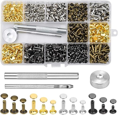 360 Set Leder Nieten Doppelkappe Niet Rivet mit Fixierwerkzeug Nietenzange Lochzange 12mm 8mm 6mm Hohlnieten Ledernieten Tubular Metal Ohrstecker für DIY Lederhandwerk Reparaturen Dekoration, 4 Farbe - Cheap-Us