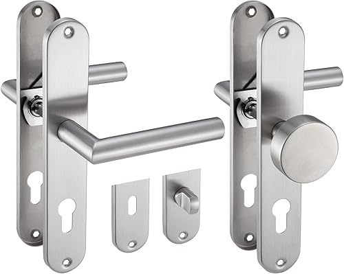 Stahlia Langschild Drückergarnitur Edelstahl gebürstet EMILIA | BB - Buntbart | Türbeschlag für Innentüren, Zimmertüren, Eingangstüren für Türstärke 20 – 47 mm | Befestigungsmaterial - Cheap-Us