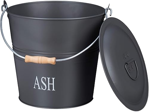 Relaxdays Ascheeimer mit Deckel, 12 Liter, Kohle & Asche, runde Aschetonne mit Tragegriff, Kamin, Ofen & Grill, grau - Cheap-Us