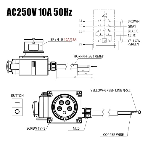 Schalter-Stecker Kombination, KOA7 250V, 50Hz 3 Phasen Geräteschalter Maschinenschalter mit Phasenwender, Notaus-Klappe und 60cm Kabel, Kompatibel KEDU KOA7 - Cheap-Us