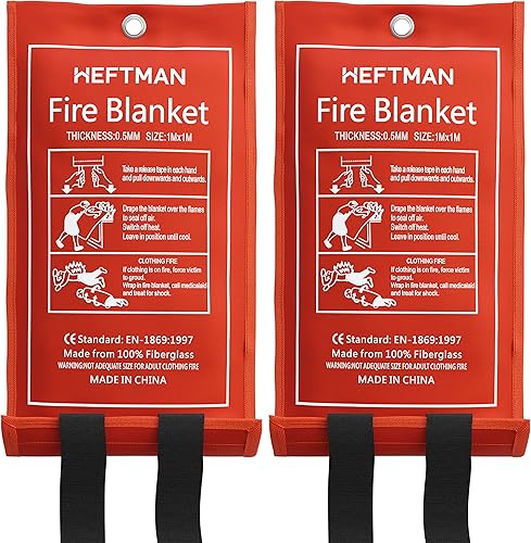 HEFTMAN Löschdecke 2er Pack - Große Glasfaser Feuerlöschdecke mit Flammhemmenden Baumwollgriffen in Rotem Etui - Feuerdecke für Küche, Zuhause, Wohnwagen (1 m x 1 m) - 2 Stück - Cheap-Us
