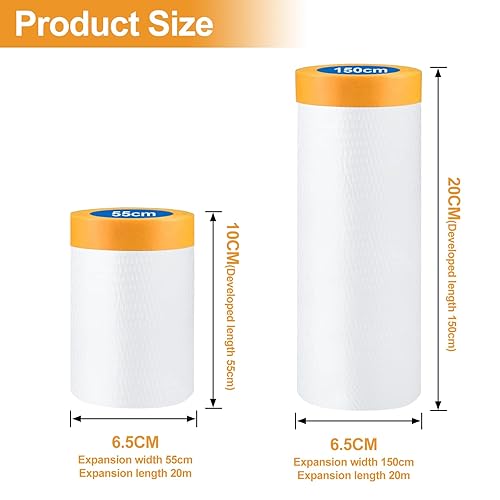 80m-4Rollen Abdeckfolie mit Klebeband,Malerfolie,2Größen Abklebeband mit Folie（150cm*20m,55cm*20m）,Abdeckplane Malerarbeiten,Masking Master mit Goldband,Tape Malerkrepp zum Staubschutz (80m/2Größen) - Cheap-Us