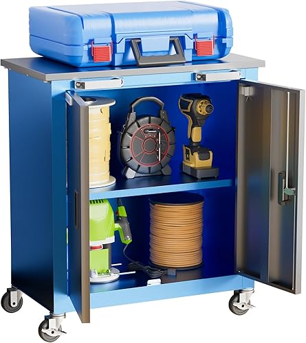 LARBANKE Werkzeugschrank mit Rollen und 4 gepolsterten Beinen, Werkzeugschrank mit 2 Türen und verstellbaren Einlegeböden, Schrank aus Stahl, abschließbar für Garage, Haus und Büro - Cheap-Us