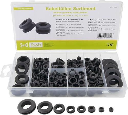 SeKi 17473 Kabeltüllen Sortiment 180 Teilig Gummi-Durchgangstüllen, Schwarz - Cheap-Us