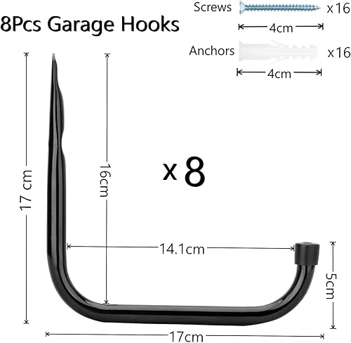 pipabiba 8 Stück Garagen-Leiterhaken, 17 cm, strapazierfähig, Wandmontage, Aufhänger für Fahrrad, Leiter, Klappstühle und sperrige Gegenstände (17 cm x 17 cm), Schwarz - Cheap-Us