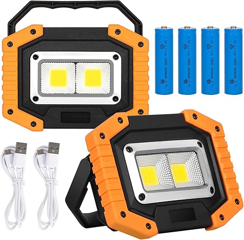 KAMEUN LED Baustrahler Akku 2 Stück, Wiederaufladbare Strahler mit Akku (18650ma*2) 30W 2000LM, LED Arbeitsleuchte USB Tragbar für Garage Camping Angeln Notfall Baustellen,3 Lichtmodi (GELB) - Cheap-Us