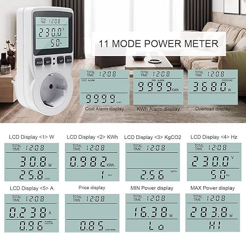 KETOTEK Energiekostenmessgerät, Stromzähler für Steckdose mit 11 Überwachungsmodi 3680W, Strommessgerät mit Überlastsicherung, Stromkostenmessgerät, Leistungsmessgerät Elektrizitäts Analysator LCD - Cheap-Us