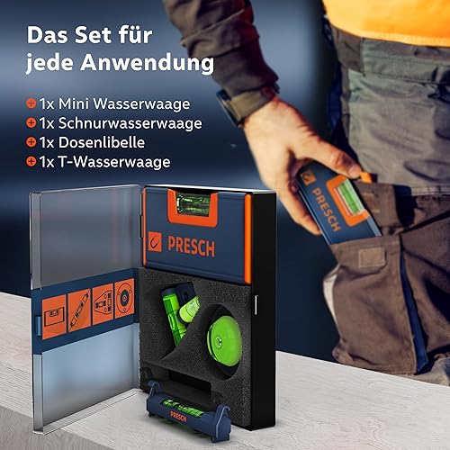Presch Mini Wasserwaagen Set 4tlg. - Mini Wasserwaage, Kreuzwasserwaage, Dosenlibelle und Schnurwasserwaage - Allround-Set - Verstärkter Magnet für maximale Haftung - Bruchfeste Acrylglaslibellen - Cheap-Us