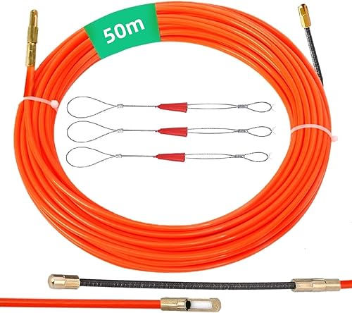 Kabeleinziehhilfe 50m, Einziehband Einziehdraht, Kabelverlegung Einziehdraht, 4 mm Durchmesser Zugdraht Einziehspirale mit 3 Führungsfedern Einziehfeder für Einzugsband zur Kabelverlegung Nylon, Rot - Cheap-Us
