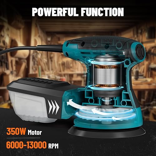 DOVAMAN ROS01A 350W Exzenterschleifer, 6 Variable Geschwindigkeiten, 13000 U/min, 12 Stück Schleifpapiere, 125mm Schleifteller, Staubabsaugung, für Holz und Stahloberflächen - Cheap-Us