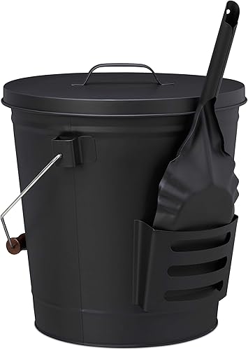Relaxdays, schwarz Ascheeimer mit Deckel und Schaufel, Stahl, Kohleeimer mit Henkel, 19 L, Ascheschaufel Kamin & Grill, 47,5 x 38 x 33 cm - Cheap-Us