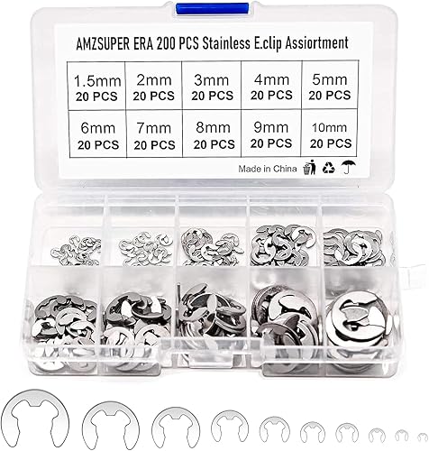 cersaty® 200 Stk E-Clip Sicherungsring, Sicherungsring 1.5/2/3/4/5/6/7/8/9/10mm Sicherungsscheiben Sortiment für Befestigen Lagern, Riemenscheiben - Cheap-Us