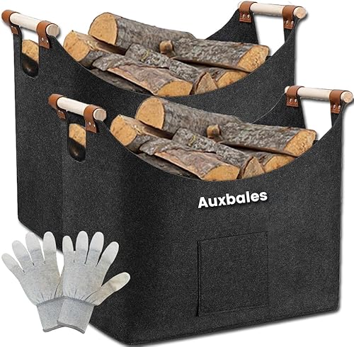XXL Brennholzkorb 2 Stücke Filzkorb extra dicker Filz und verstärkter Griff | Faltbarer Holzkorb Filztasche als Aufbewahrungskorb für Einkauf, Holz, Zeitung oder Brennholz - Cheap-Us