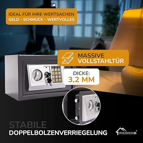 Panorama24 Tresor Safe mit Elektronik-Zahlenschloss 31x20x20cm LED-Anzeige Stahlbolzen, silbergrau, inkl. 4 Batterien, Möbeltresor Wandtresor Wandsafe Home - Cheap-Us