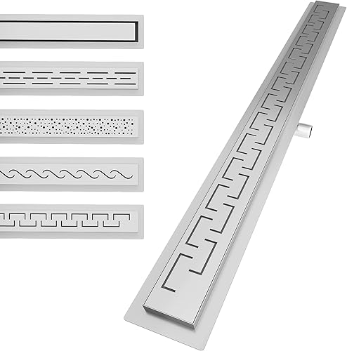 Aquamarin® Duschrinne - 80 cm, Komplettset, mit Siphon, Haken, verstellbare Füße, aus Edelstahl, Gebürstet, Flach, Griechisch - Duschablauf Linear, Bodenablauf, Ablaufrinne, Duschabfluss, Ablauf - Cheap-Us