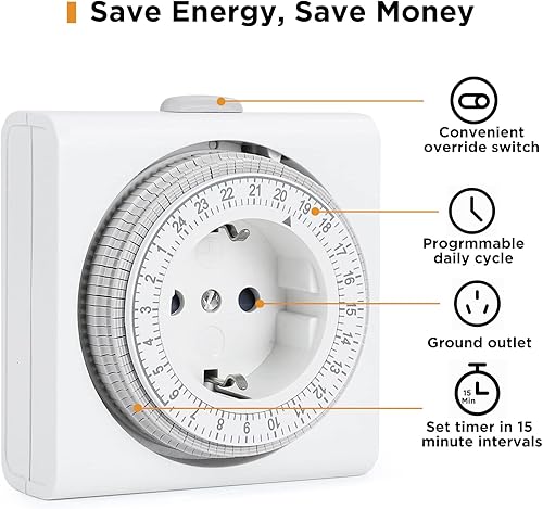 G-Homa Mechanische Zeitschaltuhr Steckdose, Analoge Zeitschaltuhr für Innenbereich mit 96 Segmenten 15 min Schaltintervall, Täglicher EIN-/Aus-Zyklus, für Weihnachtsdeko, Kindersicherung - Cheap-Us