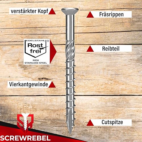 SCREW REBEL Terrassenschrauben 5 x 50 T-INOX 500 Stück Edelstahl gehärtet C1, Torx 25, inkl. Edelstahl Bit - Cheap-Us