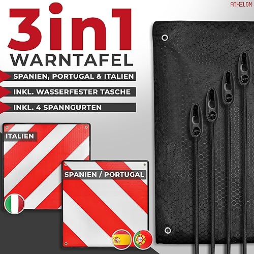 ATHELON® 3in1 Warntafel für Italien, Spanien & Portugal - Hochwertige Warntafel Italien für Fahrradträger & Wohnmobil - Reflektierendes Warnschild (Nur Warntafel) - Cheap-Us
