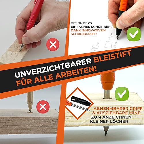 THORVALD Robuster Tieflochmarker Bleistift [+ 7 Minen + Spitzer + Schreibgriff] Set - Zimmermannsbleistift Dicke -Bohrlochmarker Druckbleistift Handwerker Holz Metall Beton Bau Baustelle - Cheap-Us