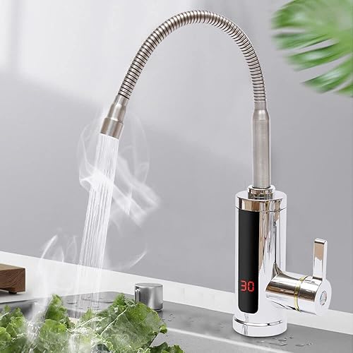 Wasserhahn mit Durchlauferhitzer, Elektrischer Durchlauferhitzer Wasserhahn,Heizung Küchenarmatur, LED Temperaturanzeige, Einhebelmischer, 360° schwenkbar, 3000W. - Cheap-Us