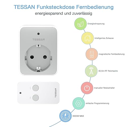 TESSAN Funksteckdose mit Fernbedienung, Steckdose mit 30,5M Reichweite, 3600W innen, Schaltbare mit Magnetische, Programmierbar - Cheap-Us
