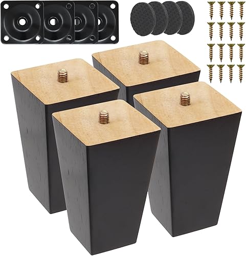 Fomiata 4 Stück Möbelfüße Holz Möbelbeine 10cm, Massivholz Beine Aus Eiche mit Montageplatten, Schrauben und Filzgleiter,für Sofa Bett Schrank Couch Stuhl (Original Holzfarbe) - Cheap-Us