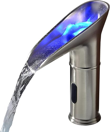 Gangang LED Wasserfall Wasserhahn mit Sensor Bad, Infrarot Automatisch Bassin Wasserhahn für Badezimmer Badarmatur, LED 3 Farbe ändert Sich mit Wassertemperatur (Messing, Gebürstet Nickel) - Cheap-Us